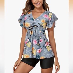 NWT 2-piece grey black pink yellow floral flutter sleeve biker short swimsuit XL